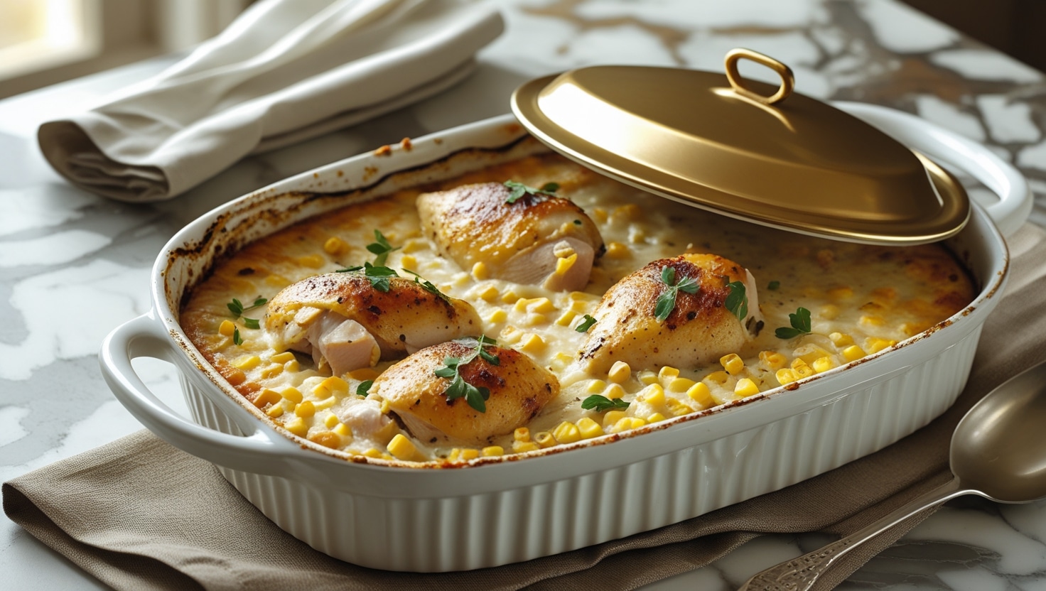 chicken cornbread casserole fresh out of oven