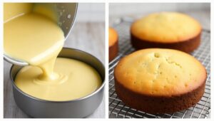 bento cake batter and baked sponge layers