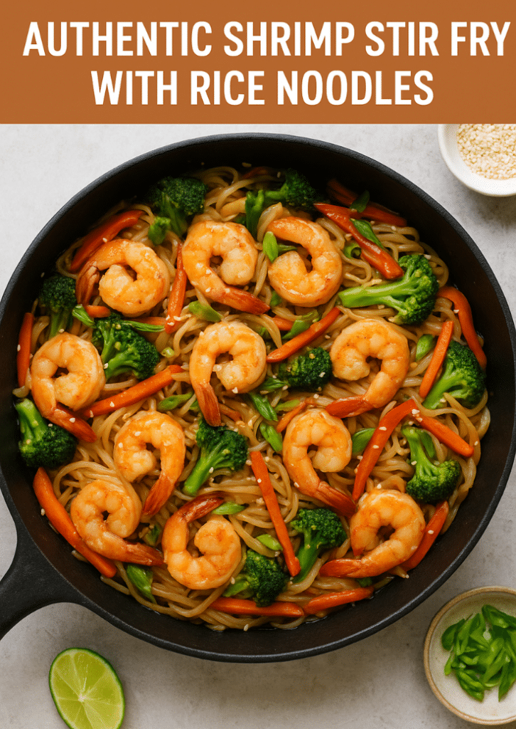 Authentic shrimp stir fry with rice noodles cooked in a skillet with broccoli, carrots, bell peppers, and garlic sauce, garnished with green onions and sesame seeds.