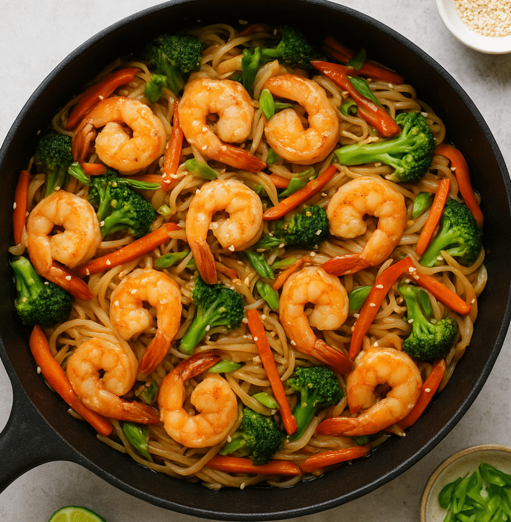 shrimp stir fry with rice noodles cooked in a skillet with broccoli, carrots, bell peppers, and garlic sauce, garnished with green onions and sesame seeds.